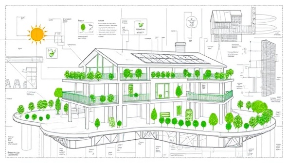 An architectural blueprint overlayed with green eco-friendly symbols and icons, showcasing a sustainable building design concept with solar panels, green roofs, and rainwater harvesting systems integrated into the structure.