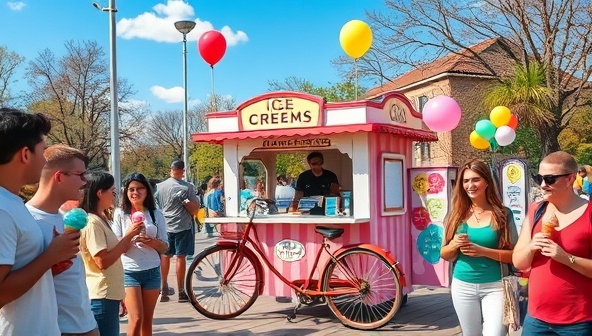 A whimsical scene of a vintage ice cream bike stand at a bustling park, surrounded by smiling customers enjoying colorful ice cream cones, with balloons and a sunny sky in the background, evoking a joyful and nostalgic ice cream experience.