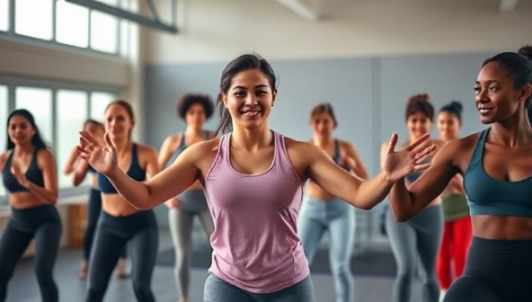 A dynamic and energetic image of a virtual workout session, featuring a trainer leading a group of diverse participants through a high-intensity exercise routine, showcasing motivation and inclusivity.