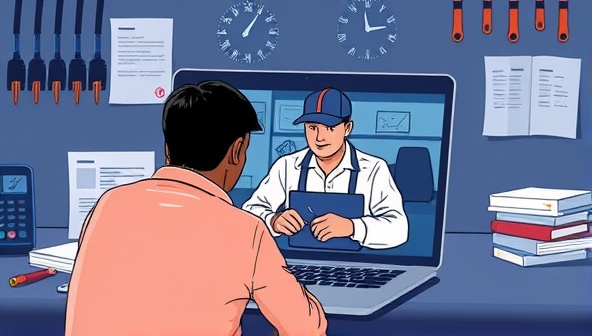 An illustration of a virtual mechanic assisting a car owner through a laptop screen, with diagnostic tools and repair manuals visible in the background, symbolizing expert guidance and remote assistance in automotive troubleshooting.
