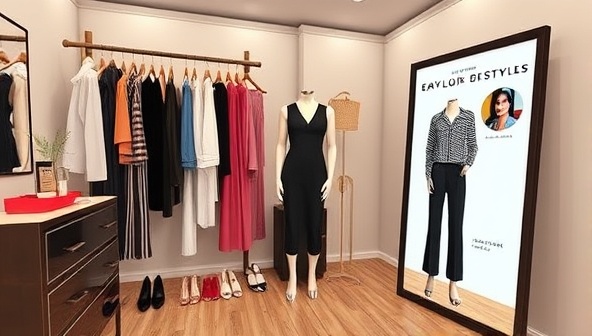 A chic virtual dressing room setup with a variety of clothing items, accessories, and a digital mirror displaying outfit suggestions and style tips, creating a stylish and immersive styling experience within the StyleSphere Studio's virtual platform.