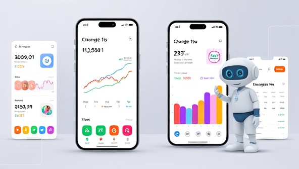 An innovative mobile app interface showcasing colorful graphs and charts with a friendly AI character offering budgeting tips and insights, illustrating convenience and personalization.