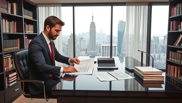 An elegant office setup with a tax advisor reviewing documents with a client, pointing to tax forms and charts on a sleek desk, surrounded by shelves of tax law books and a city skyline view in the background, symbolizing sophistication and expertise in tax advisory services.