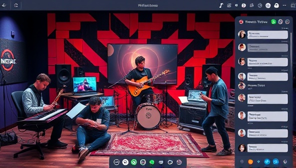 An online studio setup with a mix of musicians, producers, and mentors collaborating on a music project, virtual instruments and recording equipment visible, a vibrant music-themed backdrop, and a real-time chat feature for communication and feedback, fostering creativity and collaboration.