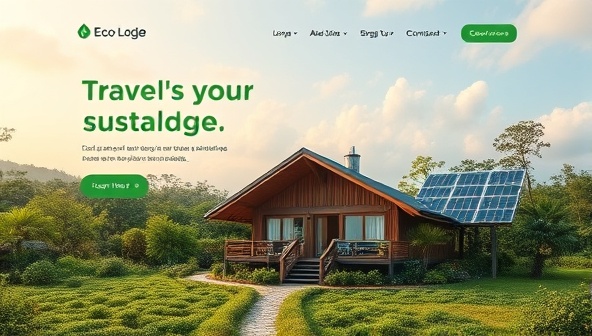 An engaging website landing page featuring a scenic eco-lodge surrounded by lush greenery and solar panels, highlighting the concept of sustainable travel and eco-friendly accommodations.