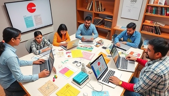 An online workshop setting with a diverse group of participants engaging in a design activity on their laptops, with colorful design mockups and sketches scattered around, showcasing a collaborative and dynamic learning environment.