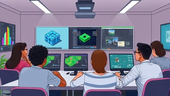 An illustration of a virtual classroom environment with diverse students attending a game development workshop, interacting with 3D modeling software, coding screens, and game design tools, highlighting the educational and hands-on experience offered by GameForge Academy's virtual workshops.