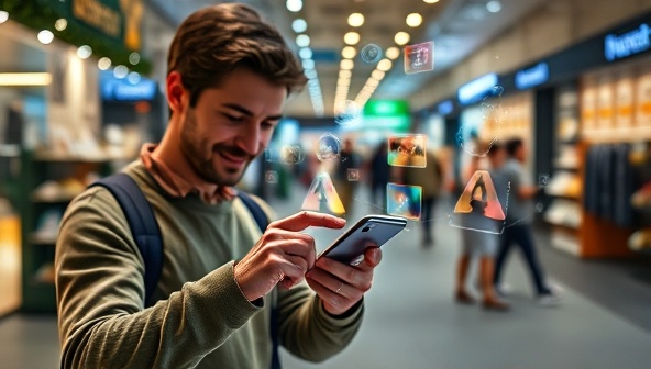 An engaging scene showing a person interacting with a mobile device, where virtual products are seamlessly integrated into their surroundings through augmented reality, highlighting the seamless blend of real and virtual elements.