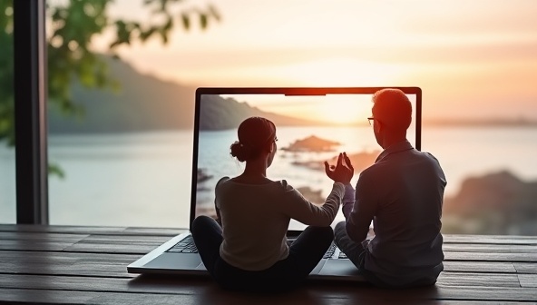 An inspiring visual of a virtual mental health coaching session, featuring a coach guiding a client through relaxation exercises on a laptop screen, with peaceful nature imagery in the background, conveying the serenity and support offered by the platform.