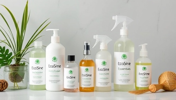 An aesthetically pleasing image featuring a lineup of EcoShine Essentials' sustainable cleaning products, displayed in reusable and refillable containers against a backdrop of greenery and natural elements, highlighting the eco-friendly and stylish appeal of the subscription service.