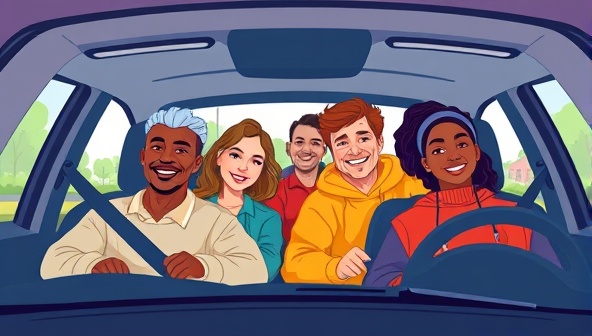 A vibrant digital illustration of diverse individuals happily carpooling together, showcasing a sense of community, sustainability, and shared transportation benefits.