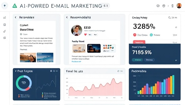 An AI-powered email marketing dashboard displaying personalized email templates, dynamic content recommendations, and real-time performance metrics, illustrating the platform's data-driven approach and customization capabilities.