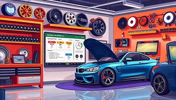 An artistic digital illustration showcasing a virtual car modification garage with a diverse range of aftermarket parts displayed on shelves, interactive customization tools on a computer screen, and a mechanic installing a performance upgrade on a car, creating a vibrant and engaging atmosphere for car enthusiasts.