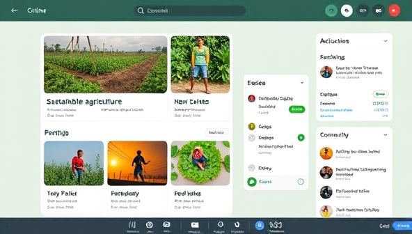 An online educational platform interface featuring colorful course modules on sustainable agriculture, interactive quizzes, and a community forum where learners can connect and share their experiences.