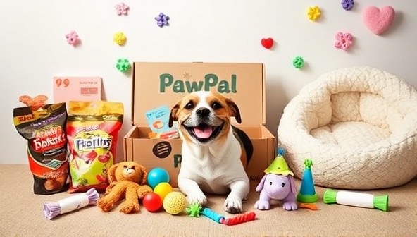 A heartwarming scene of a happy dog playing with a variety of toys from a PawPal Crate, surrounded by colorful treats, a cozy pet bed, and whimsical accessories, capturing the joy and excitement of receiving a personalized pet subscription box.
