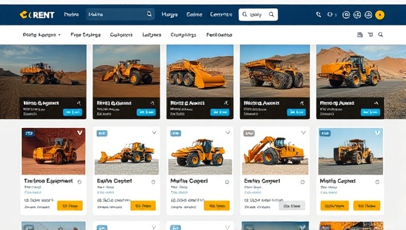 An online platform interface displaying a wide range of mining equipment available for rent, with detailed specifications and rental terms, showcasing the convenience and efficiency of the rental marketplace.