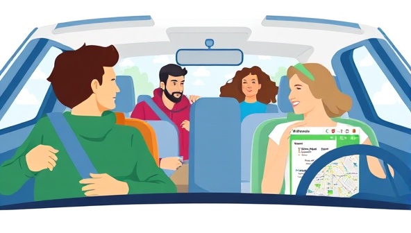 An engaging illustration of diverse commuters sharing a ride in a carpool, with a digital map interface showing route details and passenger pickups, reflecting the convenience and social aspect of using the CommuniCar Pool platform for shared transportation.