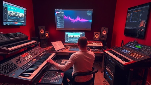 A digital music studio setup with a producer working on a music project, surrounded by synthesizers, MIDI controllers, and audio equipment, creating a vibrant and creative atmosphere for music production on the BeatForge Hub platform.