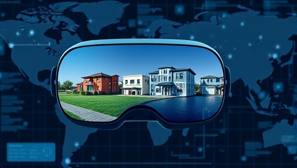 A digital interface displaying a virtual reality headset with real estate properties in different global locations, symbolizing the borderless reach and immersive experience of virtual real estate consultancy.