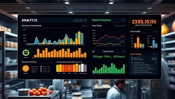 A futuristic dashboard display showing real-time data visualizations of food inventory levels, waste reduction metrics, and cost-saving projections, with AI algorithms analyzing patterns and generating optimization recommendations, set in a professional kitchen environment with busy chefs and staff actively using the analytics platform to minimize food waste and maximize efficiency.