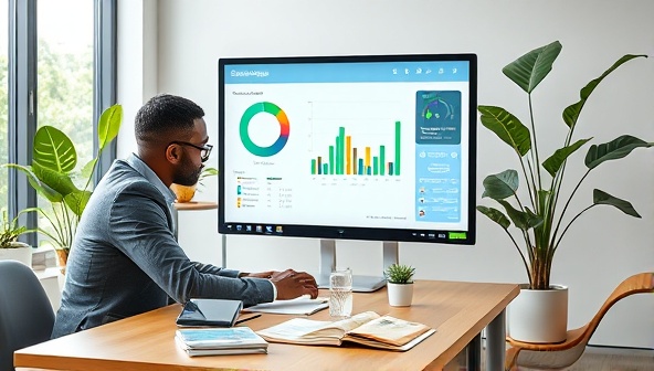 A virtual sustainability assessment scene, with an environmental consultant analyzing energy consumption data on a digital dashboard, sustainable product samples on the desk, and a green plant in the background, conveying a commitment to sustainability and eco-friendly business practices in a virtual consultancy setting.