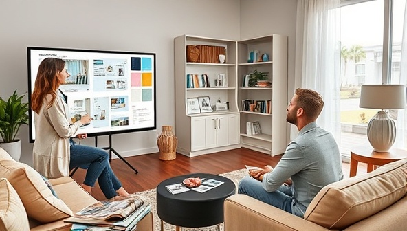 An artistic visualization of a virtual interior design consultation with a designer presenting mood boards, color swatches, and 3D room layouts on a digital screen, while the client views the design proposals from the comfort of their home, surrounded by home decor magazines and samples, illustrating a virtual design experience that blends creativity and technology.