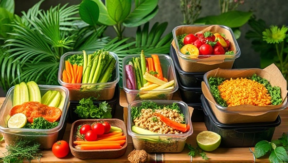 An assortment of colorful plant-based meals neatly packed in eco-friendly containers, displayed against a backdrop of lush greenery and natural elements, conveying freshness, health, and sustainability.