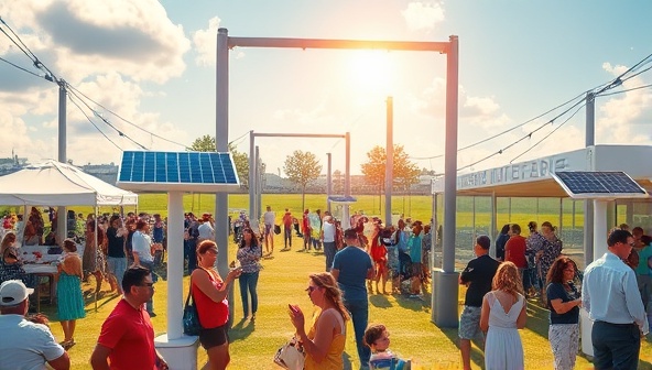 An artistic rendering of a vibrant outdoor event with people gathered around solar-powered charging stations, soaking up the sun while charging their devices, showcasing sustainability and convenience.