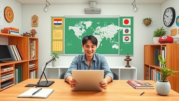An engaging virtual language lesson scenario with a virtual tutor and student interacting in a dynamic online classroom environment, surrounded by language learning resources, interactive tools, and cultural elements that enhance the language learning experience on LingoHub's virtual language learning marketplace.