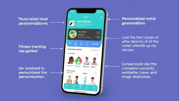 An illustrative image of a smartphone screen displaying the NutriGenie app interface, showing personalized meal recommendations, fitness tracking features, and user testimonials, highlighting convenience and personalization.