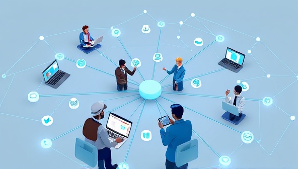 An interconnected network of virtual team members collaborating on a project using digital tools and devices, symbolizing the seamless integration of remote workforce management solutions for enhanced productivity and team cohesion.