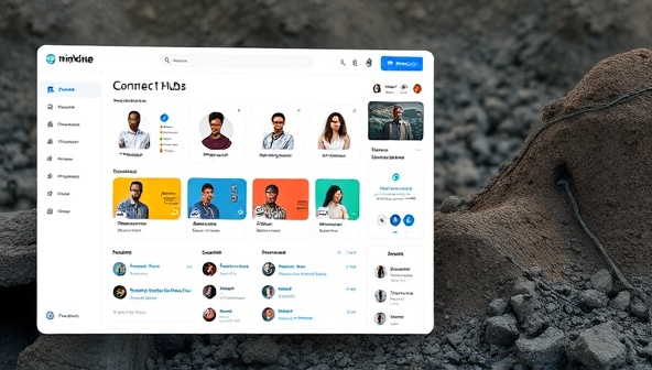 An interactive digital platform mockup showcasing MineConnect Hub's user interface with diverse stakeholder profiles, discussion forums, event calendars, and resource libraries for fostering collaborative partnerships and community engagement within the mining sector, symbolizing unity and progress in the industry.