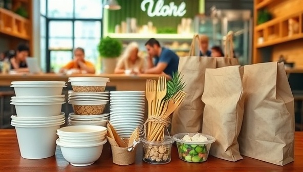 An array of eco-friendly food packaging options displayed in a restaurant setting, featuring compostable containers, bamboo utensils, and recycled paper bags, conveying a message of sustainability and environmental responsibility in the food industry.