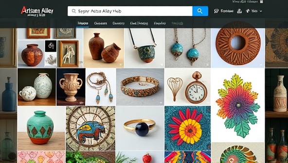 A visually engaging online marketplace interface showcasing a variety of unique artisanal products, including handcrafted ceramics, intricate jewelry pieces, and vibrant art prints, inviting users to explore and support local craftsmanship through the Artisan Alley Hub platform.