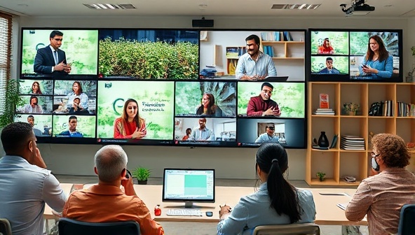 An online classroom environment with diverse students participating in interactive agricultural training sessions, with virtual lectures, group discussions, and hands-on learning activities, conveying a dynamic and engaging educational experience in agribusiness.