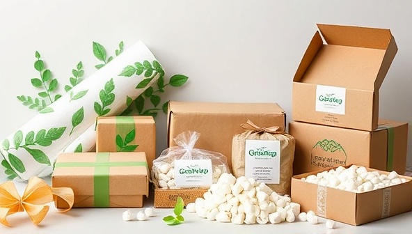An eye-catching image of biodegradable packaging materials, including wrapping paper, boxes, and packing peanuts, elegantly presented in a sustainable packaging design that showcases the eco-friendly and stylish aspect of GreenWrap Innovations' products.
