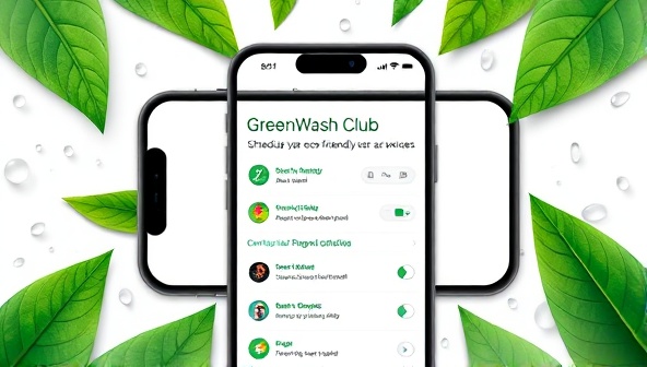 An artistic depiction of a smartphone screen displaying the GreenWash Club app interface with options for scheduling eco-friendly car wash services, surrounded by green leaf motifs and water droplets, symbolizing sustainability and environmental consciousness.