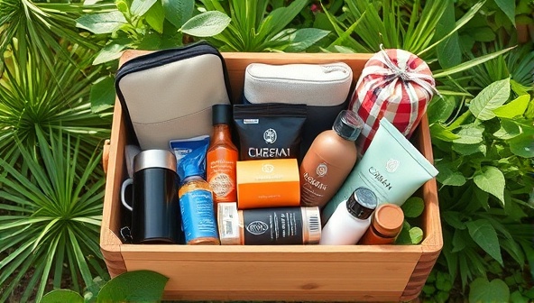 An assortment of eco-friendly travel gear items neatly arranged in a sustainable bamboo box, surrounded by lush greenery and natural elements, conveying a sense of eco-consciousness and travel readiness.