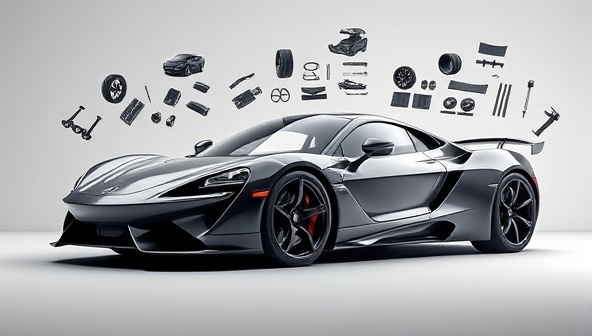 An artistic rendering of a sleek sports car with customizable parts floating around it, highlighting the platform's digital customization capabilities in a visually appealing manner.