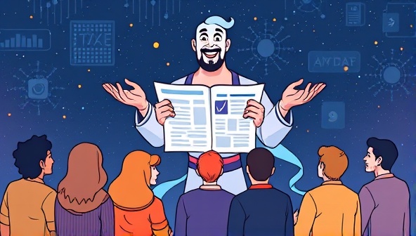 An illustration of a digital news platform with a magical genie character presenting a customized news digest to a diverse group of individuals, symbolizing personalization and innovation in news delivery.