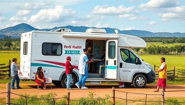 A vibrant image of a mobile health clinic parked in a scenic rural setting, with healthcare professionals assisting local residents, conducting screenings, and engaging with community members, showcasing accessibility and compassion in healthcare delivery.