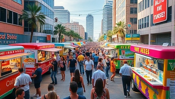 An interactive virtual street scene with colorful food trucks, bustling crowds, and digital interfaces for ordering and exploring different cuisines, capturing the excitement and vibrancy of a real food truck rally in a virtual setting.