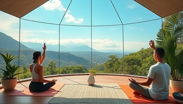 An immersive virtual retreat setting with tranquil nature scenes, yoga instructors leading sessions, meditation guides facilitating mindfulness practices, and users engaging in wellness activities from the comfort of their homes, conveying the serene and rejuvenating atmosphere of ZenVibe Oasis.