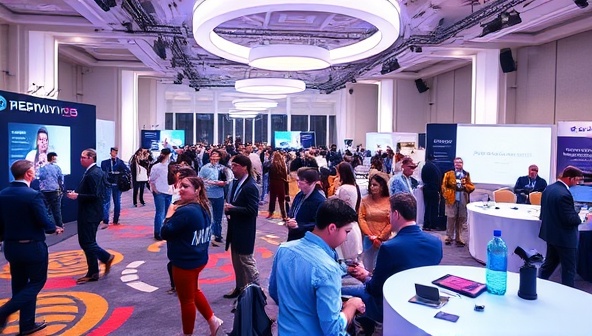 A dynamic virtual event setup featuring a diverse group of avatars interacting in a digital conference room, with interactive elements like virtual booths and networking areas, highlighting the immersive and engaging nature of virtual events designed by EventVirtuoso.