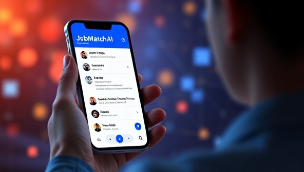 An engaging digital visualization of a job seeker receiving personalized job recommendations through the JobMatchAI platform on a smartphone, with AI algorithms analyzing skills and preferences to suggest ideal career opportunities, showcasing the platform