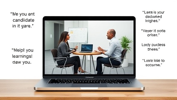 A laptop screen showing a virtual interview setup with a candidate and a coach engaging in a professional conversation, surrounded by motivational quotes and success tips, creating a supportive and dynamic learning environment.