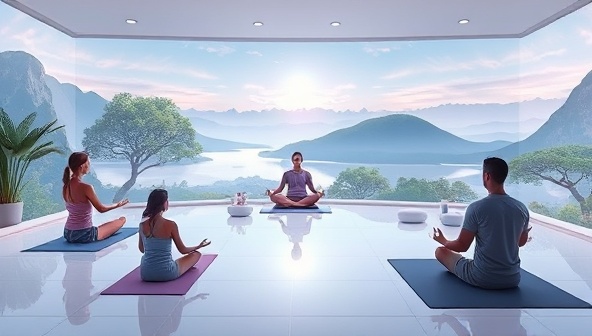 A serene visual depiction of a virtual wellness retreat setting with participants engaging in yoga poses, meditation exercises, and relaxation techniques amidst a tranquil digital landscape, featuring calming nature sounds and serene visuals to promote inner peace and well-being in a virtual sanctuary of self-care.
