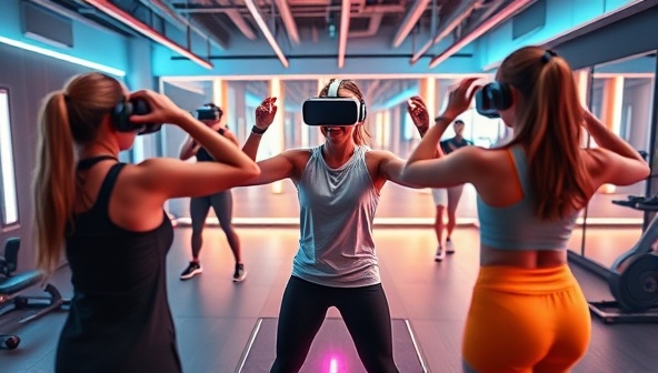 An engaging VR fitness class scene where users are immersed in a virtual gym environment, following a trainer's lead in a dynamic workout session, surrounded by futuristic fitness equipment and motivating visuals, showcasing the excitement and energy of VR fitness experiences.