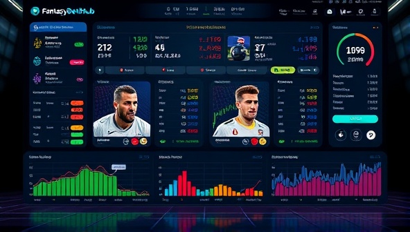 An artistic depiction of a digital marketplace interface displaying virtual shares of sports players, with real-time performance indicators and trading graphs, showcasing the dynamic and interactive nature of the FantasyBetHub fantasy sports betting platform in a visually engaging way.