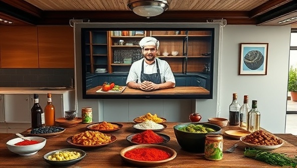 A virtual event setup with a large screen displaying a live cooking demonstration by a renowned chef, surrounded by cultural artifacts, spices, and culinary tools from different countries, creating an immersive and educational atmosphere for participants to enjoy global flavors.